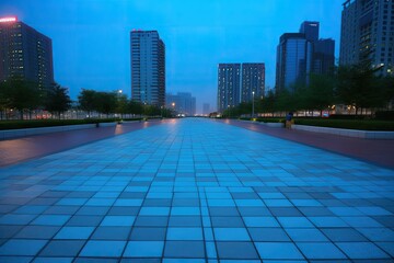 Canvas Print - buildings with an empty square floor and a nighttime skyline. Generative AI