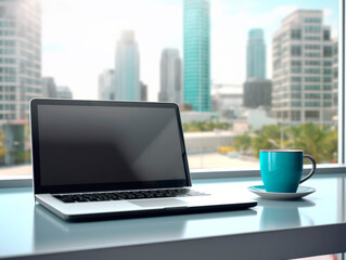 Wall Mural - Laptop and coffee cup on table with city view. Generative AI