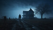 Haunted house with a dark figure standing outside