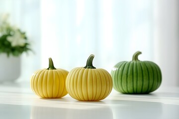 green pumpkins on the white table, copy space, minimalism, Thanksgiving Day, generated AI