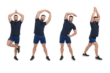 Wall Mural - Young man doing morning exercises on white background, collage design