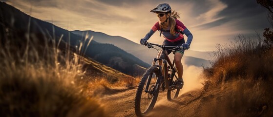 Wall Mural - Young woman riding bicycle on mountain trail, cyclist on sports bike