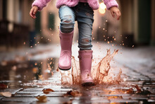 Feet Of A Child Clad In Pink Rubber Boots Joyfully Jump Over Water Puddle, Capturing The Carefree Spirit And Boundless Energy Of Childhood, Rain In Autumn Setting