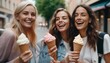 © ibreakstock - Women eating ice cream on city street - friends having fun outdoors