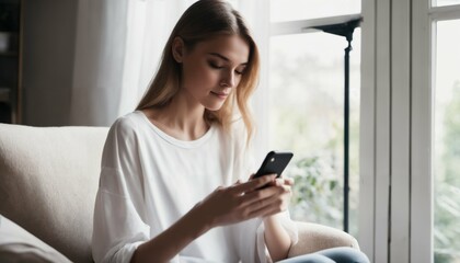 Canvas Print - Young woman texting on smartphone at home. Connection, technology, apps, smartphone mock up, communication concept