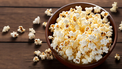 Wall Mural - bowl of popcorn on a brown wooden table