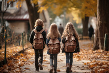 Walking In A Row With Their Backpacks, A Boy And Two Girls, Who Are Close Friends, Share Stories And Laughter As They Make Their Way Home, Their Backs Facing The Viewer