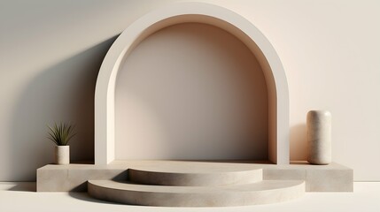 Wall Mural - Abstract minimal scene with round podium and arch.