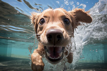 Golden Labrador Retriever Captured Underwater, Hilarious Pose, Its Fur Floating In All Directions As It Joyfully Explores The Depths, Bringing Smiles And Laughter