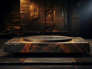 Wall Mural - Black marble platform for product display.