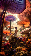 Wall Mural - a beautiful girl in the surreal world of wonders. Giant mushrooms and vibrant colors