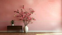 Interior Room With Pink Wall And Wood Floor. Morning Scene. Pink Flower With Butterflies. Seamless 4k Looping Animation Footage