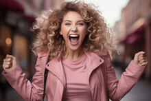 Smiling And Excited Young Girl Lets Out A Scream Of Joy, Her Hands Raised In The Air On Street, Expressing Her Exhilaration In Her Pink Winter Attire, Fashionista Scream With Promotion, Big Discount