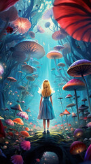 Wall Mural - a beautiful girl in the surreal world of wonders. Giant mushrooms and vibrant colors