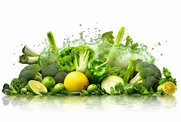 Wall Mural - fresh green vegetables with water splashes isolated on white background. generative ai