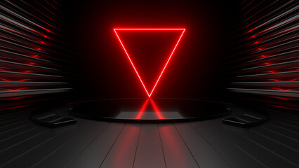 Fototapete - Empty stage, podium, place for product. Colored neon lights. 3d rendering image.