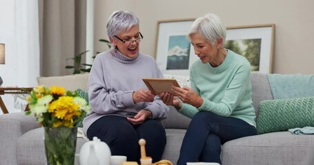 Wall Mural - Elderly, women and together with photo frame in home with happiness for conversation Happy, sisters and retirement and memory with senior female or friends on sofa with photograph in house with joy.