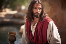 Jesus Wearing A Red Sash In The Account Of The Samaritan Woman At The Well In John 4:1-42, Talking Living Water And True Worship, Spiritual Message