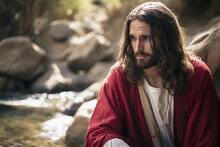 Jesus Wearing A Red Sash In The Account Of The Samaritan Woman At The Well In John 4:1-42, Talking Living Water And True Worship, Spiritual Message