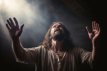 Jesus In Powerful And Symbolic Poses: Opening His Hands And Holding A Cross To Heaven, Kneeling In Dark, And Being Crucified,representing His Divine Connection, Surrender, And Sacrifice For Humanity