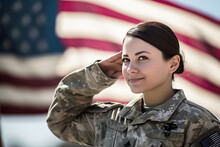 Woman In Service, With A Beaming Smile And A Proud Salute, Radiates Happiness And Patriotism As She Represents The Dedication And Bravery Of Female Soldiers With American Flag Background