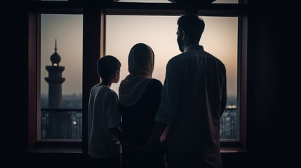 Wall Mural - Muslim family view mosque. muslim family eid greetings back view, Jumma Mubarak