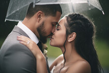 Interracial Couple Finds Joy And Shelter In Each Other's Arms As They Share A Passionate Kiss Under A Colorful Umbrella, Defying The Weather And Embracing Their Love Underneath A Rain-soaked Sky