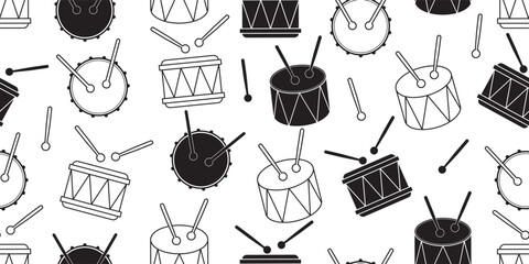 Wall Mural - black white drums and drum sticks seamless pattern