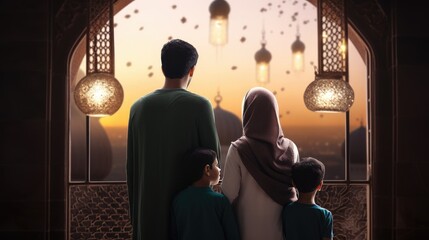 Wall Mural - Muslim family view mosque. muslim family eid greetings back view, Jumma Mubarak