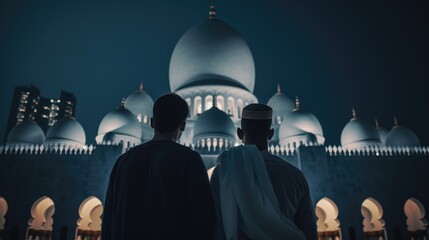 Muslim family view mosque. muslim family eid greetings back view, Jumma Mubarak