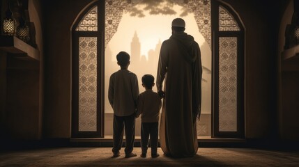 Wall Mural - Muslim family view mosque. muslim family eid greetings back view, Jumma Mubarak