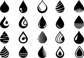 Drops icons set. Flat droplet logo shapes collection in multiple styles. High resolution Water, blood, oil and other drops easy to reuse in designing banner, poster or flyers.