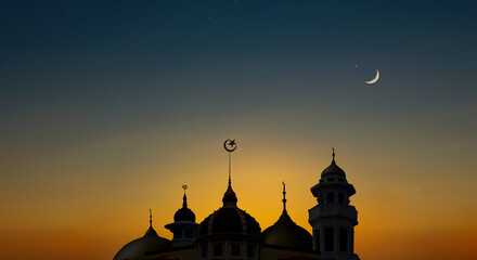 Islam. Mosque and Dome of Hope. arabic islamic architecture, islamic landmarks Crescent moon and starry sky of Ramadan and the month of observance and fasting. on the background of the twilight sky