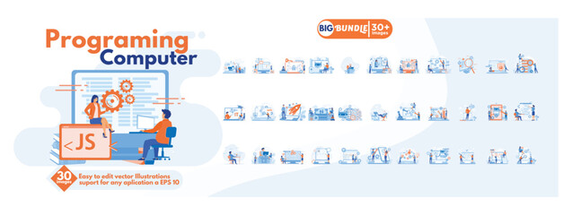 Poster - programing computer concept illustration, collection of male and female business people scenes in th