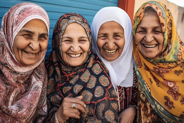 A group of old muslim women wearing headscarves having fun together, Generative AI
