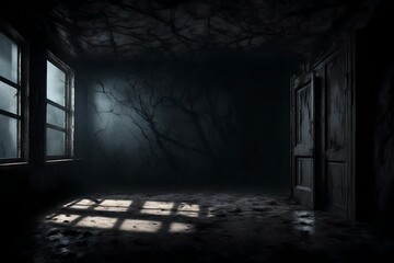 Wall Mural - Abstract horror background for halloween. Gloomy scary terrible window with ghostly light and shadows in a dark black room in the attic, corridor or basement in an abandoned house in the forest 3d ren