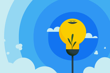 Aufkleber - Eco friendly of yellow light bulb on blue sky background. Save Energy, Ecology and environment concept. Vector Illustration for Landing Page Template.