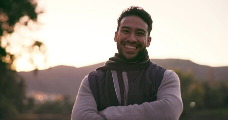 Poster - Nature face, arms crossed or happy man confident in countryside, wellness or outdoor environment, freedom or woods. Morning sunrise, holiday happiness or portrait person smile for eco friendly forest