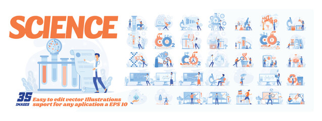 Science concept illustration, collection of male and female business people scenes in the science scene. mega set flat vector modern illustration