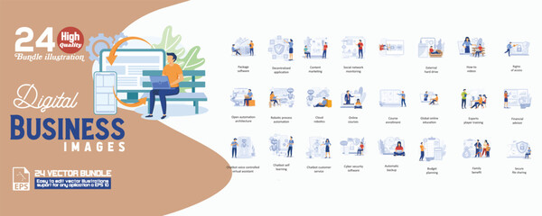 Digital business images concept illustration, collection of male and female business people scenes in the digital business images scene. mega set flat vector modern illustration