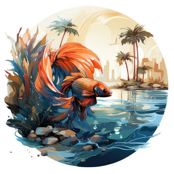 A summer vacation betta fish t-shirt design, depicting a betta fish in a sunlit fishbowl on a sandy beach, Generative Ai