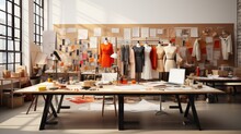 Fashion Designer Studio A Personal Computer Working Clothes Hanging Sewing Machine And Various Sewing Machines Related On Colorful Fabric Standing Mannequin Table, Fashion Designer Working Studio