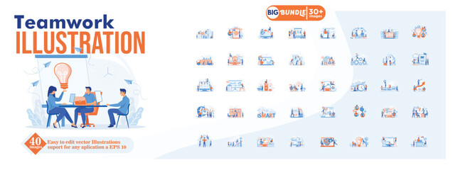 Poster - teamwork concept illustration, collection of male and female business people scenes in the teamwork 