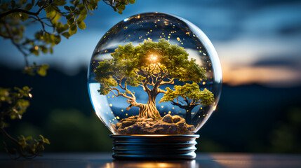 Poster - Green trees and plants in the glass sphere of a light bulb. The concept of green environmentally friendly alternative energy and ecology. AI generated