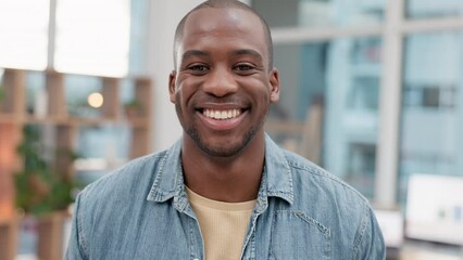 Aufkleber - Business, portrait and happy black man in office laughing, good mood or confident in workspace. Face, smile and young male entrepreneur excited for startup, company or agency with positive mindset