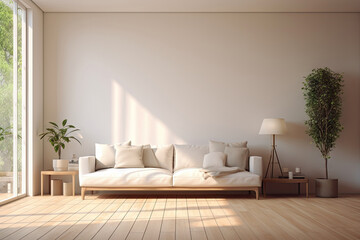 Canvas Print - Cozy beige of modern interior living room design, decorate with luxury large sofa, vase and glass window with natural light cast and shadow, with Generative Ai