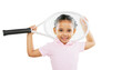 Children, tennis and portrait of little girl with racket standing isolated on a transparent PNG background. Face of cute child player or kid smile in sports, fitness or fun athlete in game or match