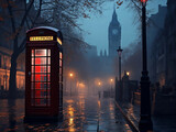 Fototapeta Londyn - Red phone booth inthe middle of city street in light of lanterns. Evening mist. Generative Ai content.
