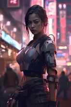 Illustration 3d Of An Asian Woman In Mental Martial Art Uniform Standing On Cyberpunk Town Street Ready To Fight