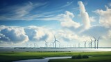 Generative AI : Offshore wind energy. Offshore wind turbines farm on the ocean. Sustainable energy production, clean power.
